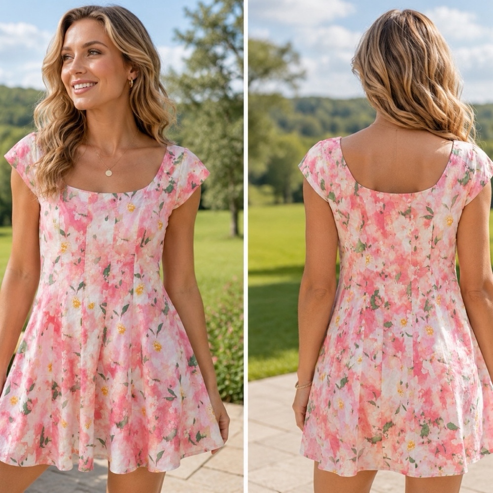 A New Day Size 8 Pink Floral Fit & Flare Dress 100% Cotton Cap Sleeve